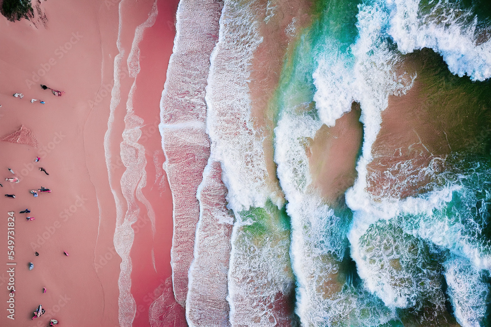 Spectacular top view from drone photo of beautiful pink beach with relaxing sunlight, sea water wave