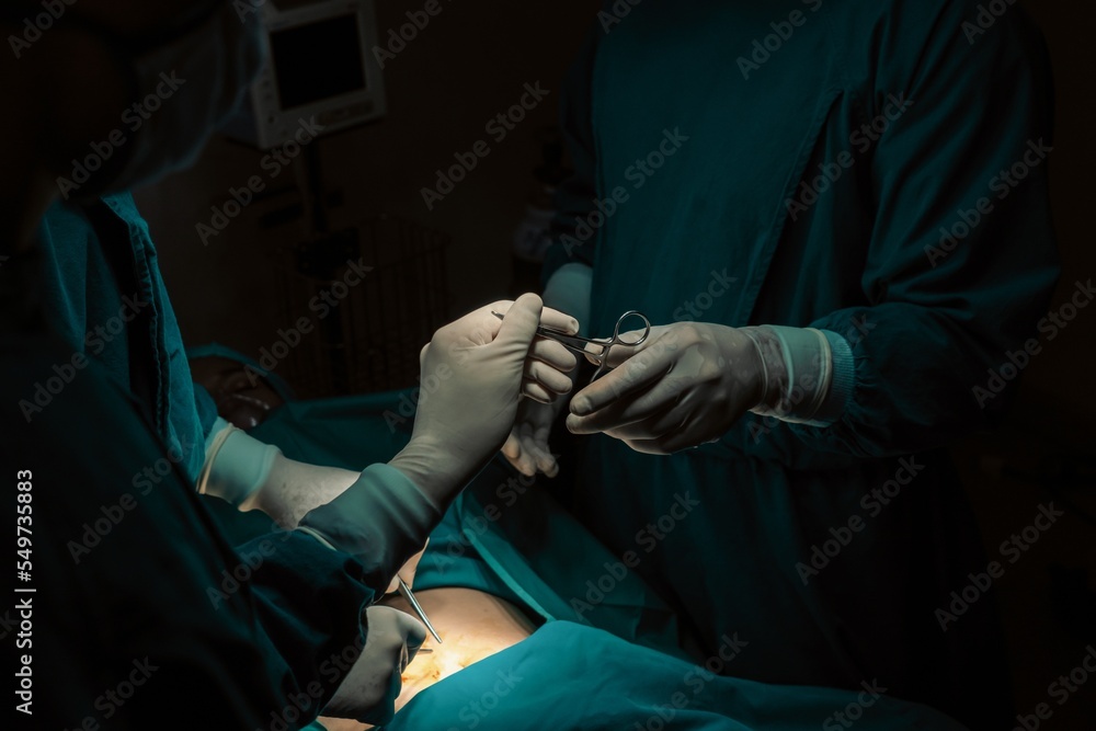 Image of surgical team perform surgery operation, nurse hand out sterile scissors to surgeon as supp