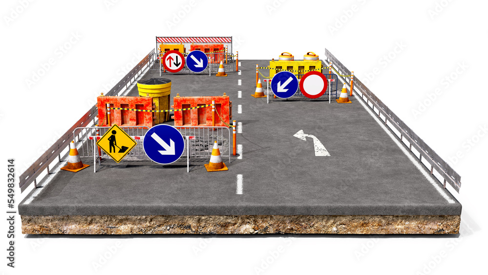 道路工程概念，一块地面上的前视图，其中沥青和凹坑受损的路段