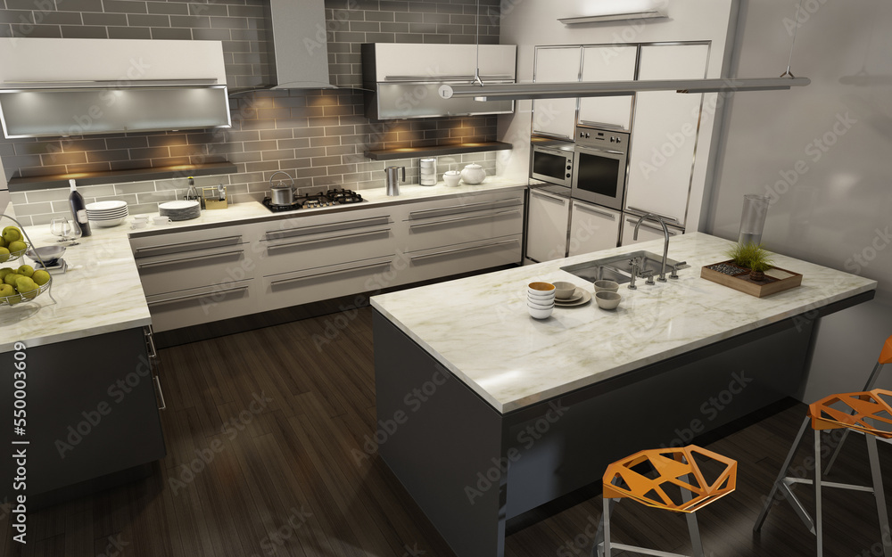 Modern interior of kitchen with living room. 3d render	