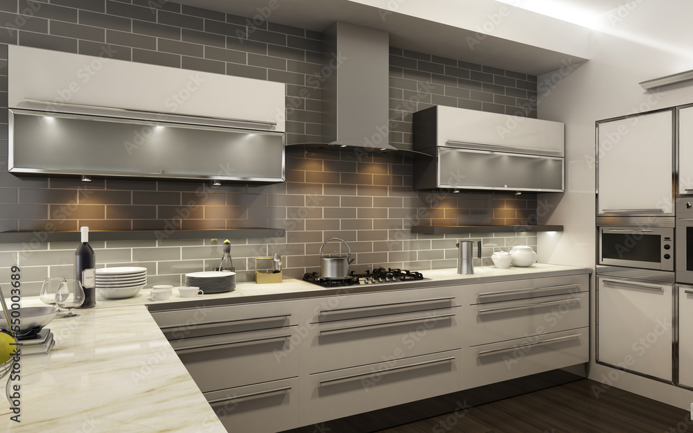 Modern interior of kitchen with living room. 3d render	