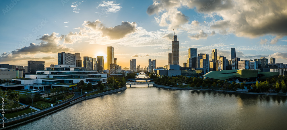 Aerial view of city skyline and modern commercial buildings in Ningbo, Zhejiang Province, China. 