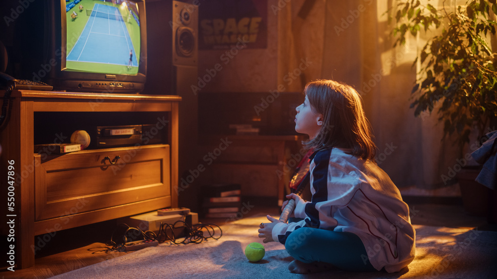 Young Sports Fan Watches a Tennis Match on Retro TV in Her Room with Dated Interior. Girl Supporting