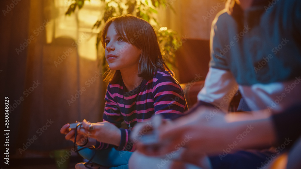 Close Up on Hands of Young Kids Intensely Playing Arcade Video Game on a Retro Console in a Living R