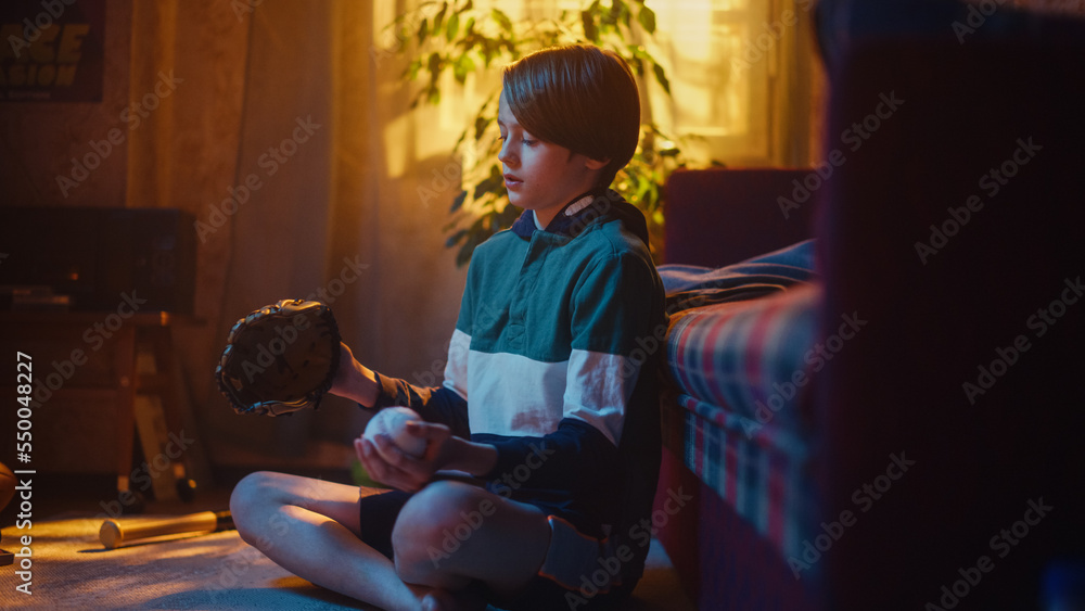 Nostalgic Retro Childhood Concept. Young Boy Playing with Baseball Inventory in His Room with Old-Sc