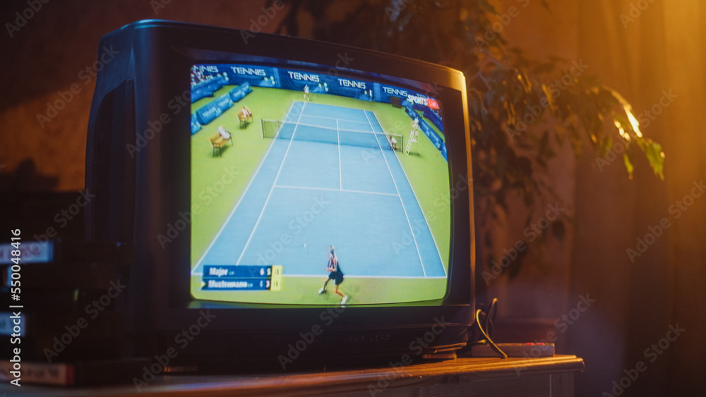 Close Up Footage of a Dated TV Set Screen with Live Sports Tennis Match Broadcast. Two Athletic Fema