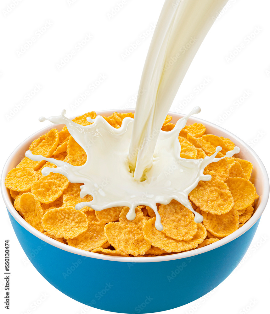 Corn flakes with milk splash isolated