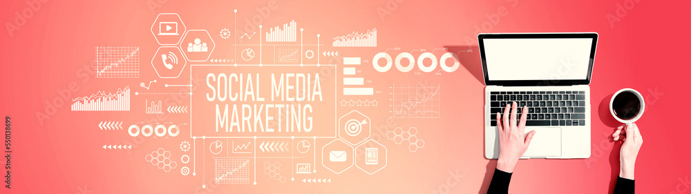 Social media marketing theme with person using a laptop computer