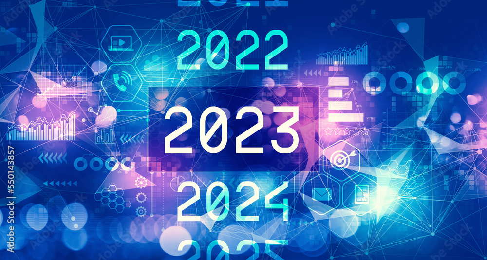 2023 New Year concept with technology blurred abstract light background