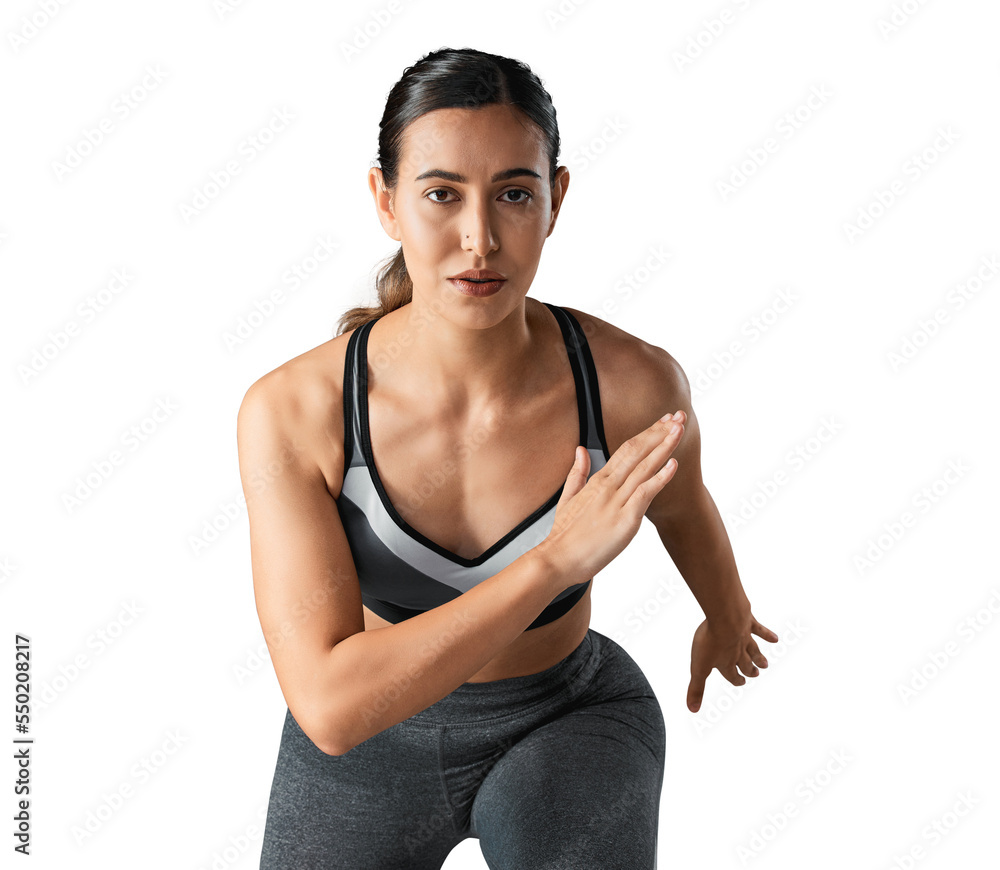 Studio portrait of a sporty young woman running against isolated on a transparent png background