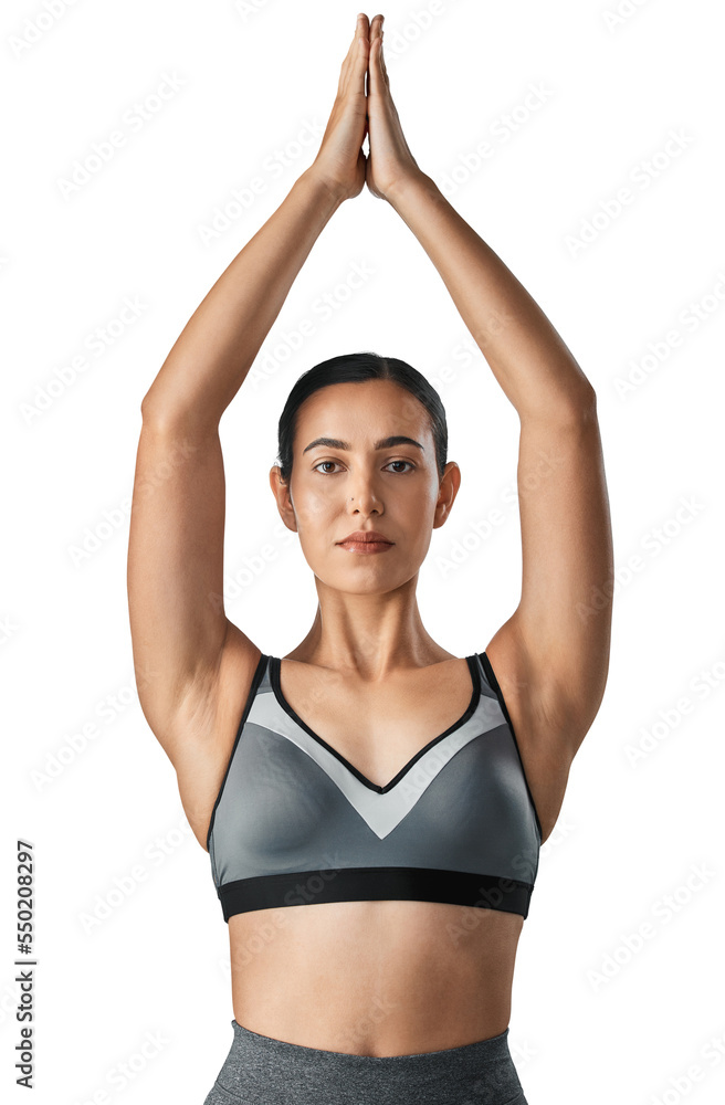 Studio portrait of a sporty young woman meditating  isolated on a transparent png background