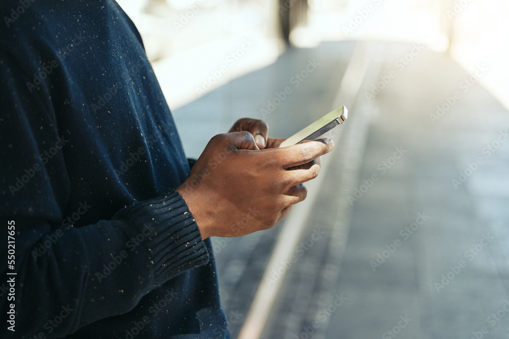 Hands, phone or networking on social media app, internet search or digital iot. Closeup black man wi