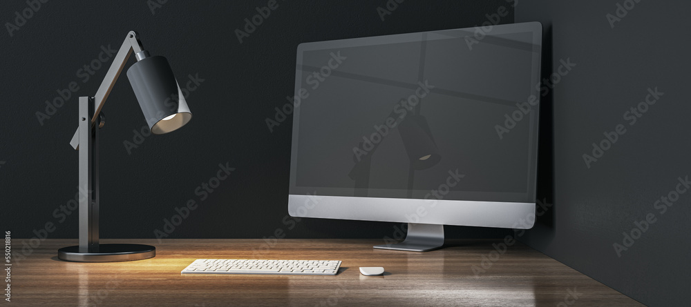 Modern designer wooden desktop with empty mock up computer monitor, lamp and keyboard. 3D Rendering.