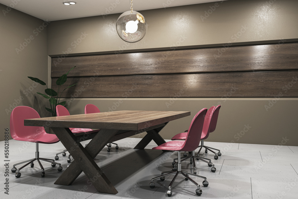 Modern wooden meeting room interior with conference furniture and decorative items. 3D Rendering.