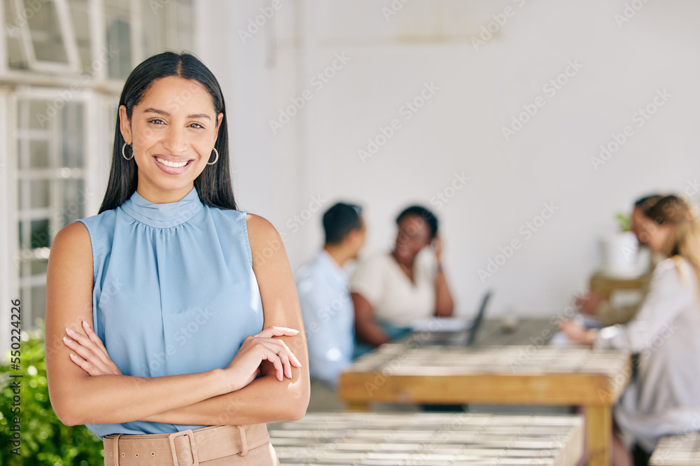 Portrait of a creative woman working in an outdoor garden with a team on a business project. Happy, 