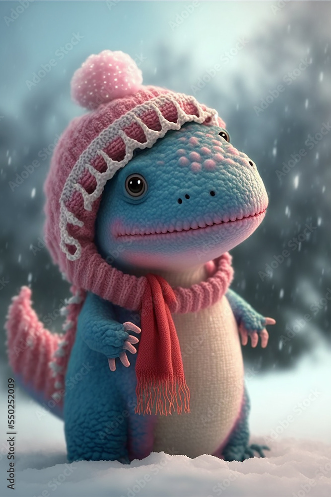 Cute little dinosaur in winter time