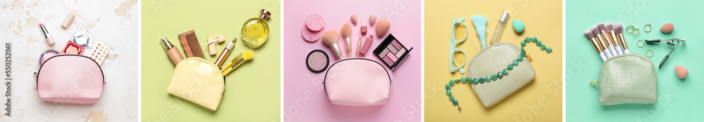 Collage of bags with makeup cosmetics on color background, top view