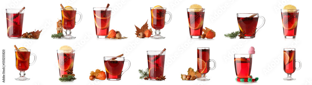 Set of delicious mulled wine isolated on white