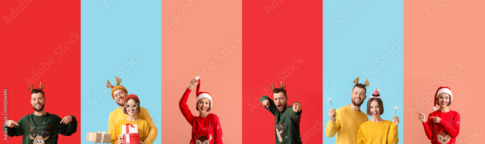 Set of happy young people in stylish Christmas clothes on color background