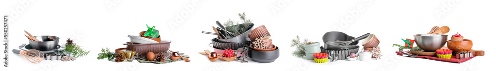 Collage of kitchen utensils and products for Christmas bakery on white background