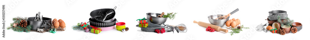 Set of kitchen utensils and products for Christmas bakery on white background