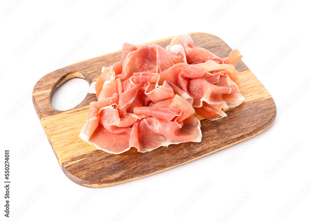 Wooden board with slices of delicious ham on white background