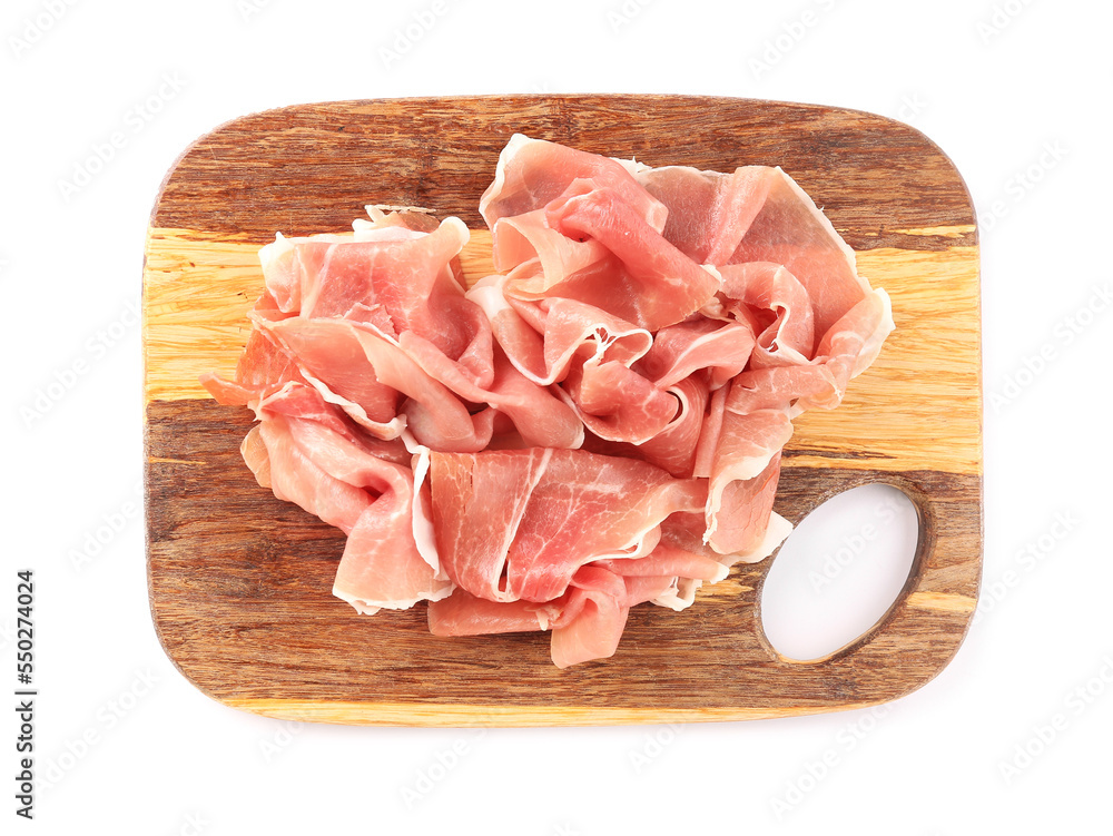 Wooden board with slices of delicious ham on white background