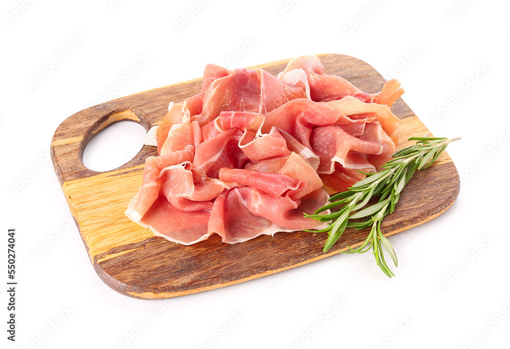 Wooden board with slices of delicious ham and rosemary on white background