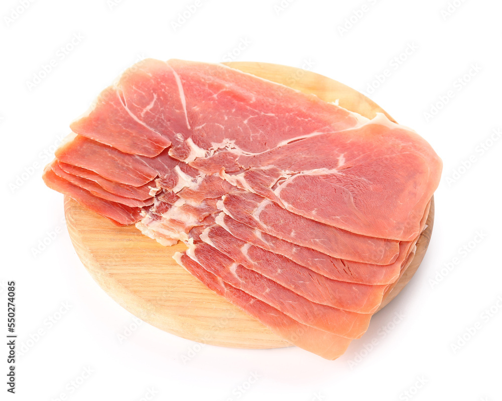 Wooden board with slices of delicious ham on white background