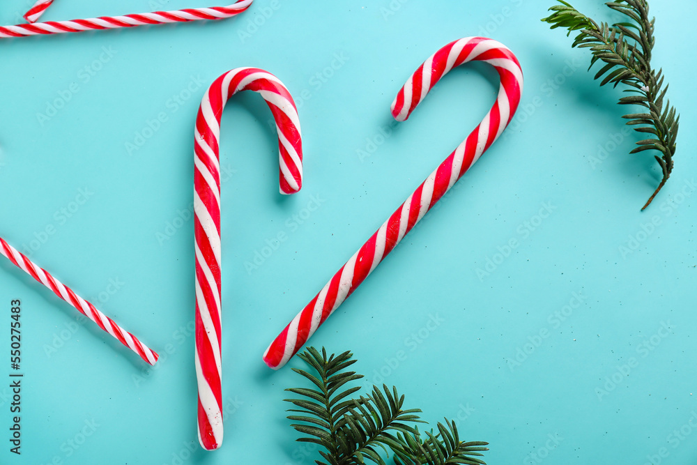 Composition with sweet candy canes and fir branches on color background