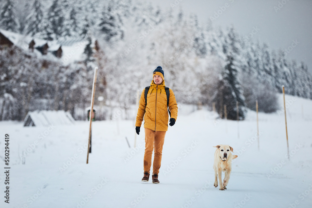 冬天，男人带着狗。宠物主人带着他可爱的拉布拉多寻回犬在雪地上行走。