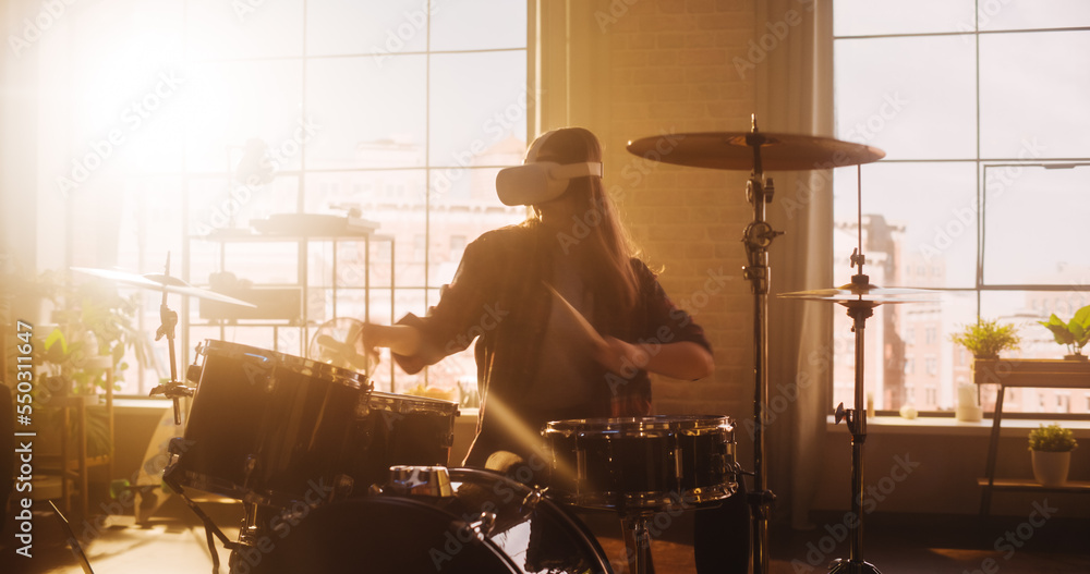 Portrait of a Young Female Wearing a Virtual Reality Headset, Playing Drums in at Home with Warm Sun