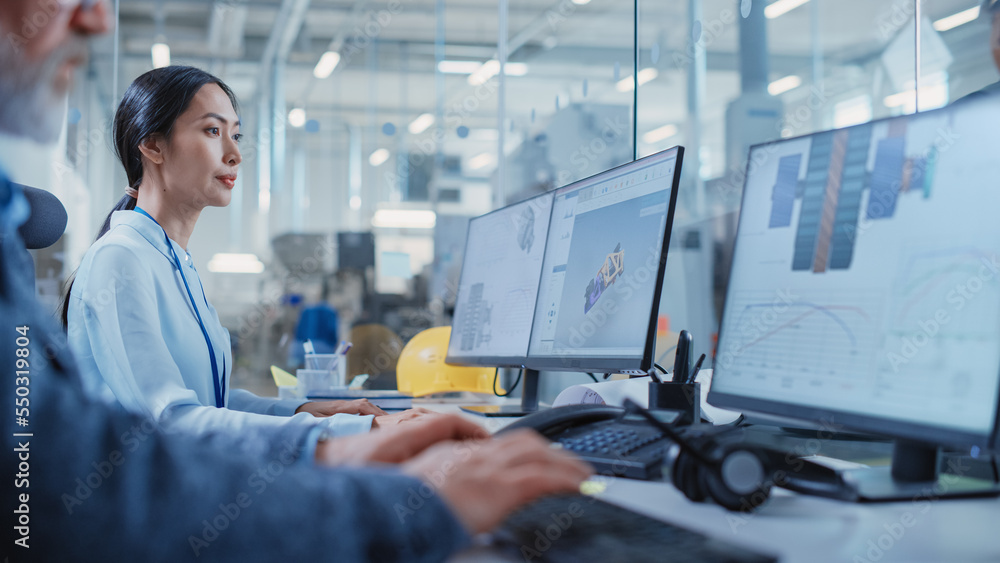 Factory Office Facility: Industrial Engineer Drafting Blueprints of a Heavy Industry Machine Parts o