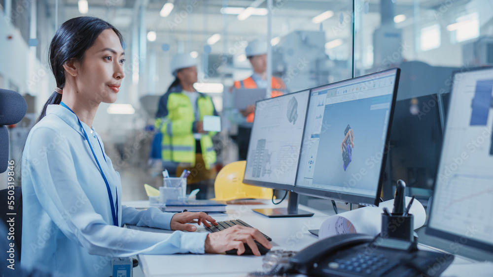 Factory Office Facility: Industrial Engineer Drafting Blueprints of a Heavy Industry Machine Parts o