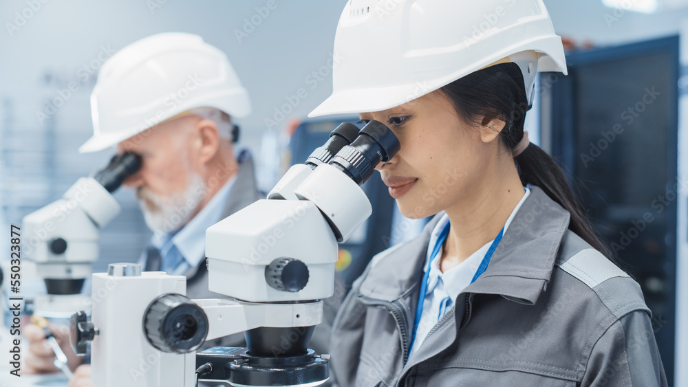 Portrait of a Young Asian Industrial Scientist and Older Engineer Working at a Desk in a Factory Fac