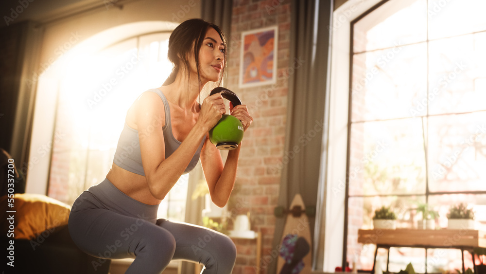 Home Gym: Asian Girl Training Using Kettlebell, Exercising with Personal Trainer via TV Online Video