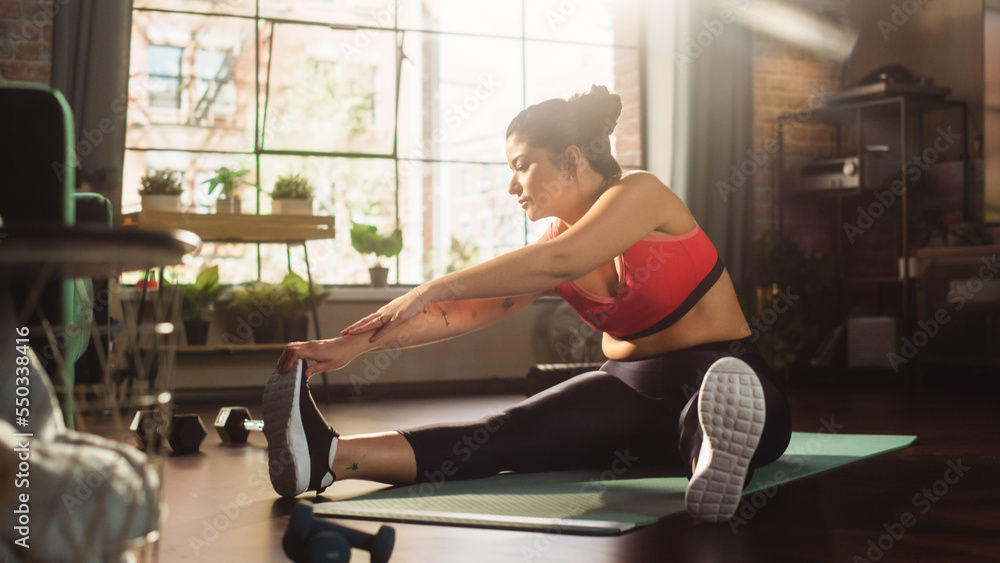 Home Gym Training: Gorgeous Plus Size Body Positive Girl Exercising. Strong Sportswoman Does Workout