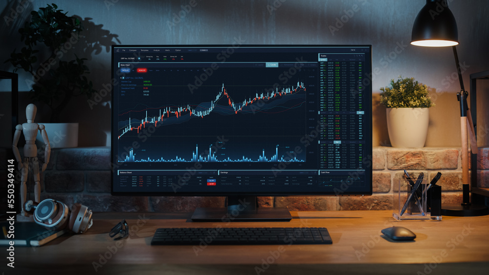 Desktop Computer Monitor Standing on a Wooden Desk with Height Adjustable Function. Economic Charts 