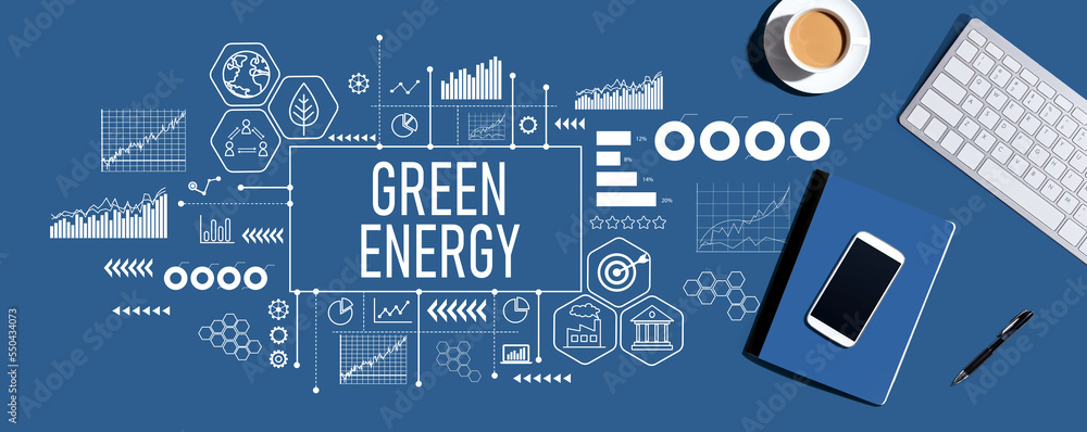 Green Energy concept with a computer keyboard and office items