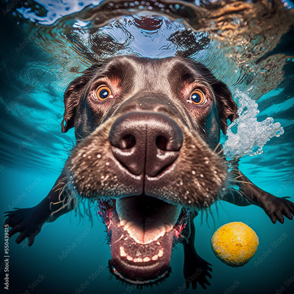 Playful dog catching ball underwater