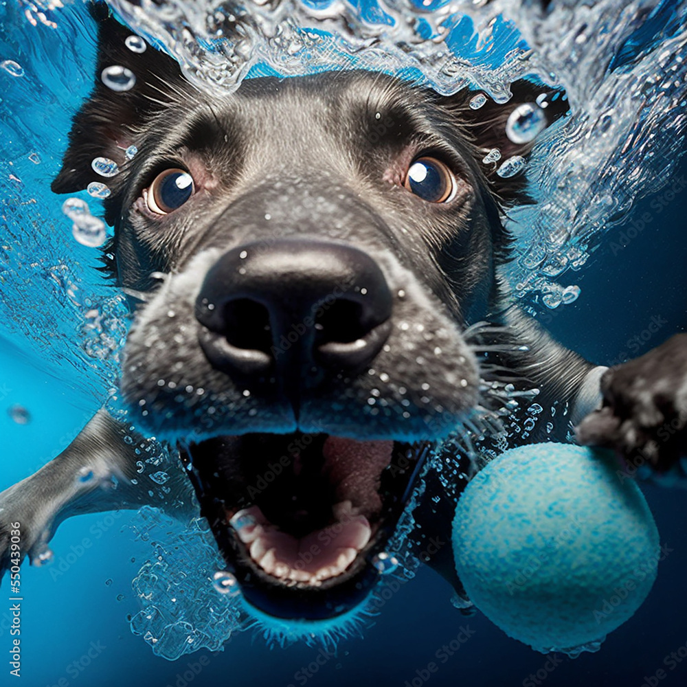 Playful dog catching ball underwater