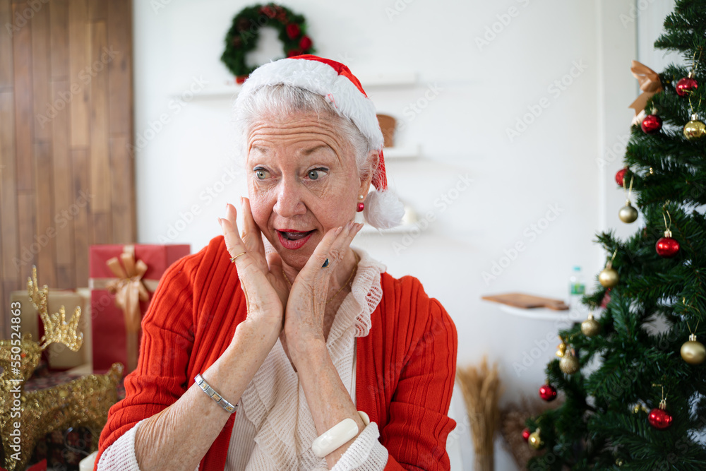 Happy smiling senior woman with christmas gift at home.