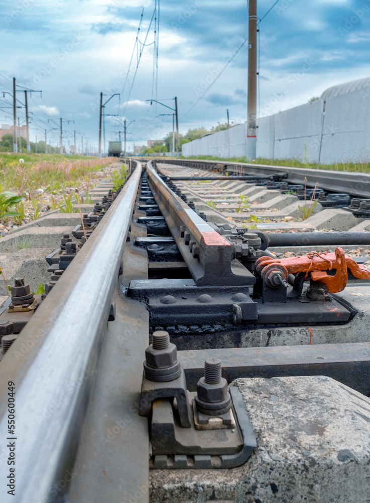 Automatic railroad switch of the railroad. Junction switching. Close-up