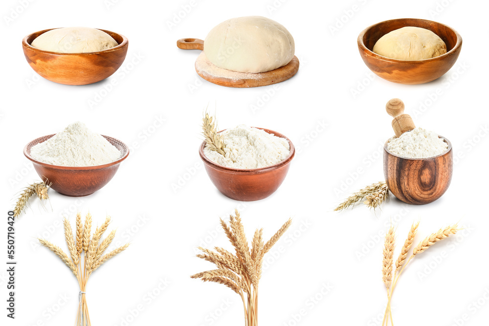 Collage of wheat spikelets with fresh flour and dough on white background