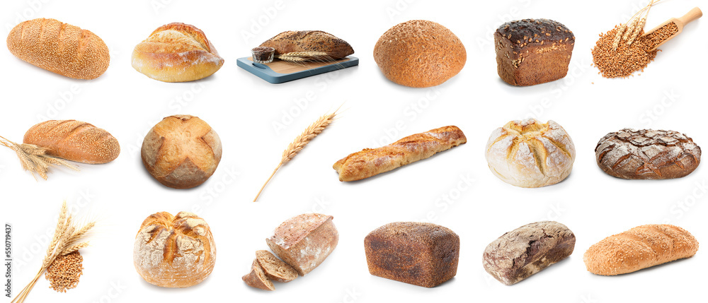 Collage of crunchy loaves of bread with spikelets on white background