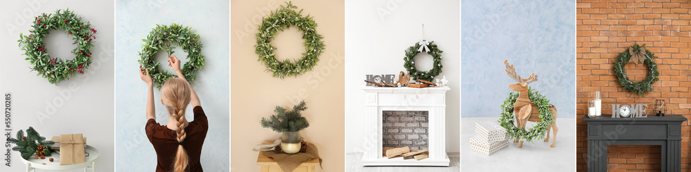 Collage of beautiful Christmas wreaths in home interiors