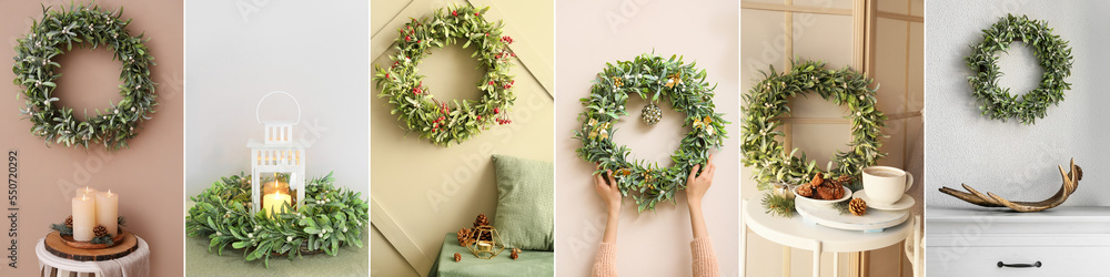 Collage of beautiful Christmas mistletoe wreaths in home interiors