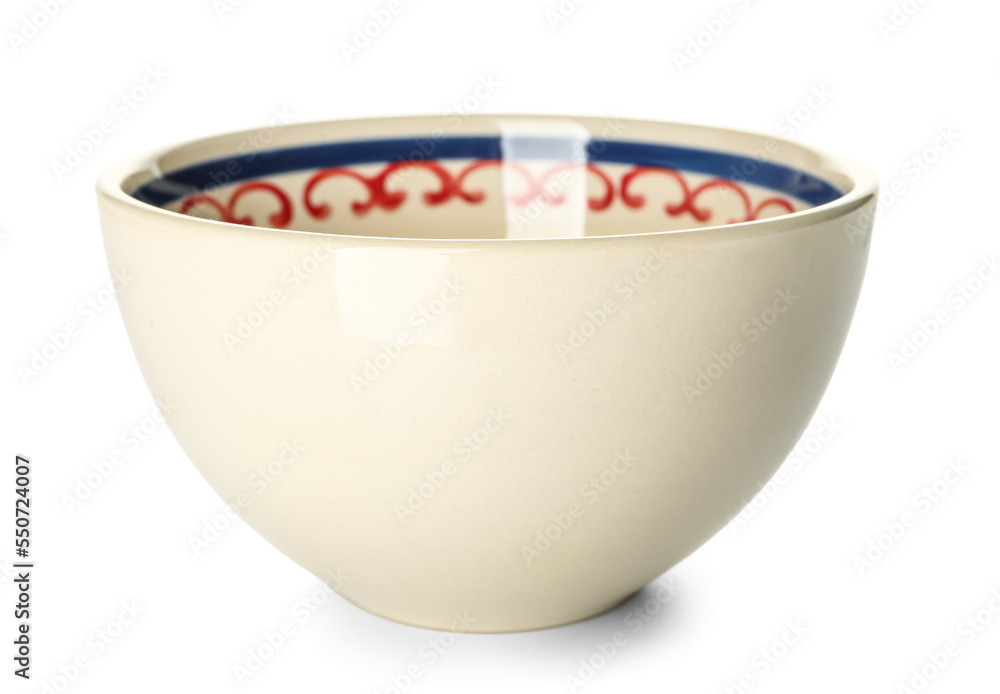 Ceramic bowl with ornament on white background