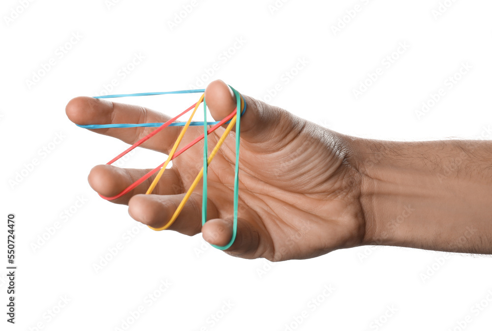 Man with rubber bands on white background