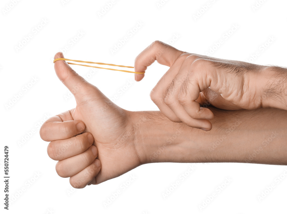 Man with yellow rubber band on white background